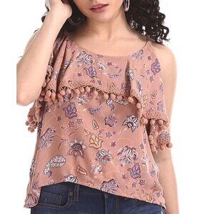 Aeropostale Floral Print Cold Shoulder Pom Pom Layered Top Blouse‎ Pink Size M